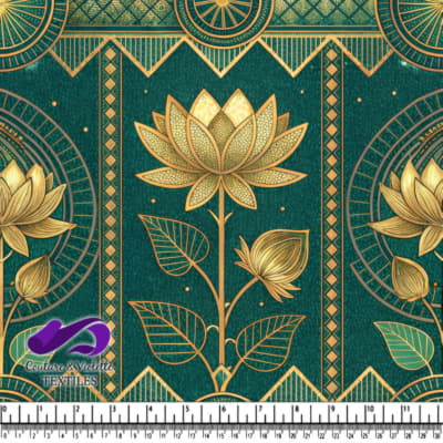 Motif Floral de Lotus Doré sur Fond Turquoise