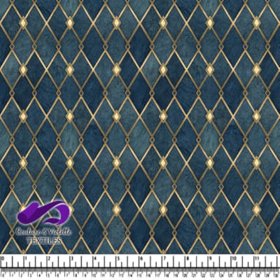 Blue and Gold Diamond Pattern Fabric