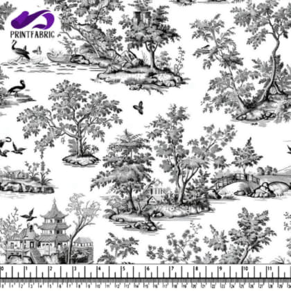 Black and White Toile Pattern with Nature Elements