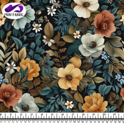 Floral Pattern in Orange, Yellow, and Brown on Black Background