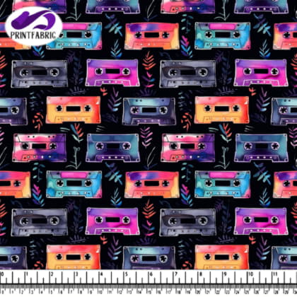 Colorful Cassette Tapes Pattern on Black Background with Leaves and Flowers