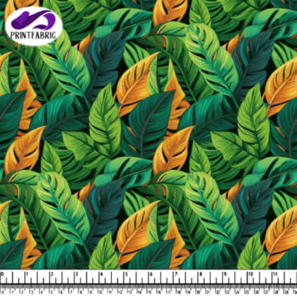 Tropical Leaves Pattern in Green, Orange, and Yellow on black background