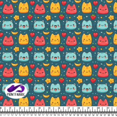 Cute Cartoon Cat, Strawberry, and Banana Pattern