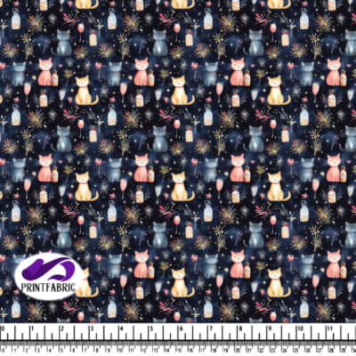 Whimsical Cat and Fireworks Pattern