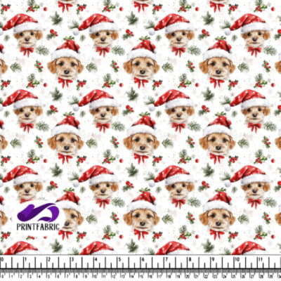 Festive Dog Pattern with Santa Hats and Holiday Decor