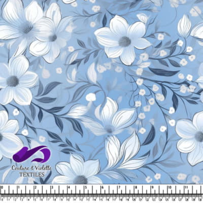 Blue Abstract Background with White Flowers and Leaves