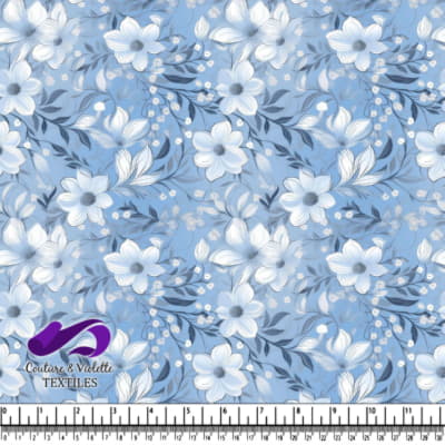 Blue Abstract Background with White Flowers and Leaves