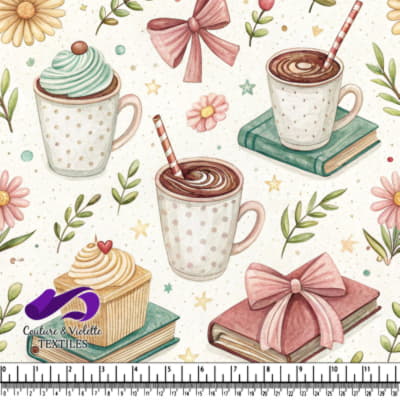 Whimsical Coffee and Cupcake Pattern with Books and Flowers