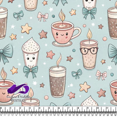 Cute Coffee and Candle Pattern on Light Blue Background