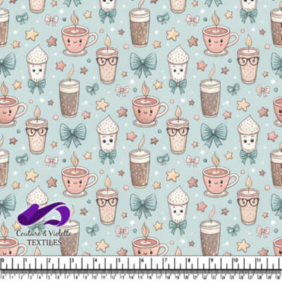 Cute Coffee and Candle Pattern on Light Blue Background