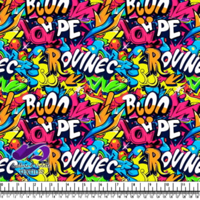 Colorful graffiti-style with bold letters and dynamic shapes.