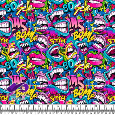 Colorful Pop Art Graphic Pattern with Comic Mouths and Text