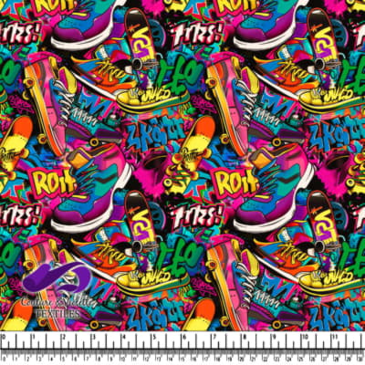 Colorful Sneakers and Skateboards with Graffiti Background