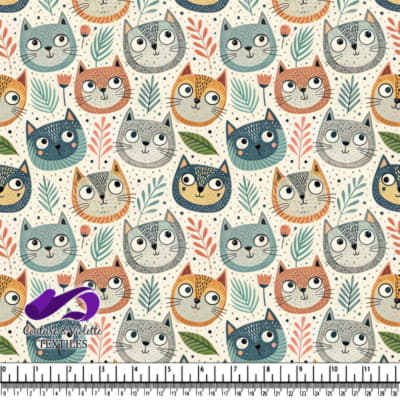 Whimsical colorful cat faces with floral and leafy