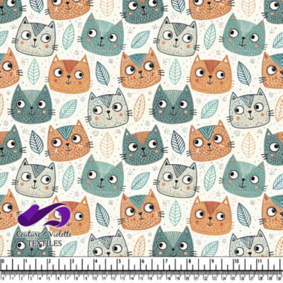 Cute cartoon cat faces with leaves