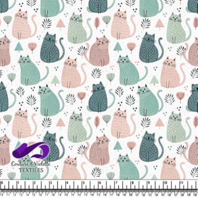 Pastel colored cats with plants on white background