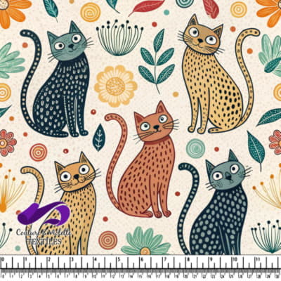 Stylized cats and colorful floral elements