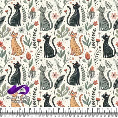 Whimsical cats and floral elements on a light background