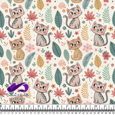 Playful cats and colorful floral leaves