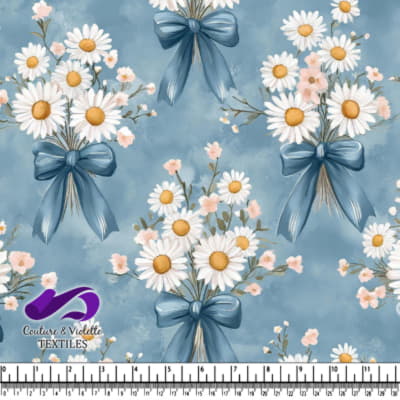 Bouquet of daisies with blue ribbons on a soft blue background