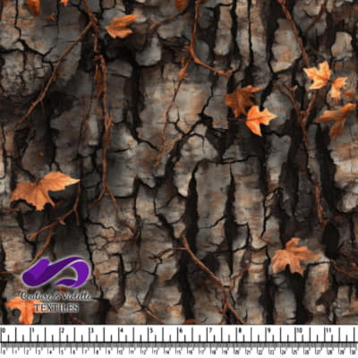 Dark textured tree bark with scattered autumn leaves
