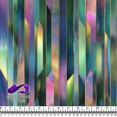 Abstract vertical geometric pattern with multicolor iridescent hues and gold accents