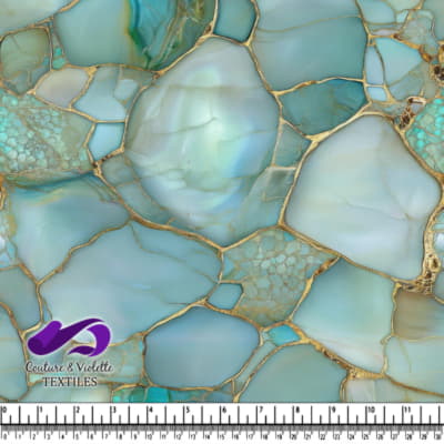 Blue and green marble textured fabric design with gold veining