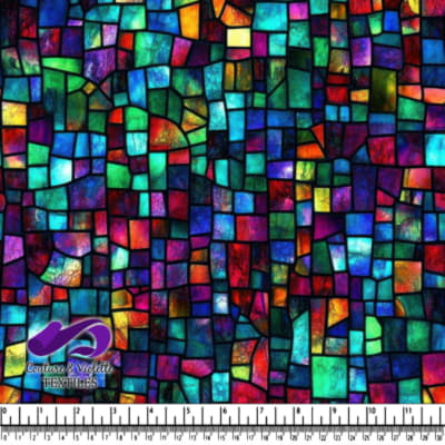 Colorful abstract stained glass mosaic pattern with various shapes and vibrant hues