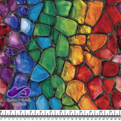 Colorful abstract mosaic pattern with vibrant rainbow hues and irregular stone shapes
