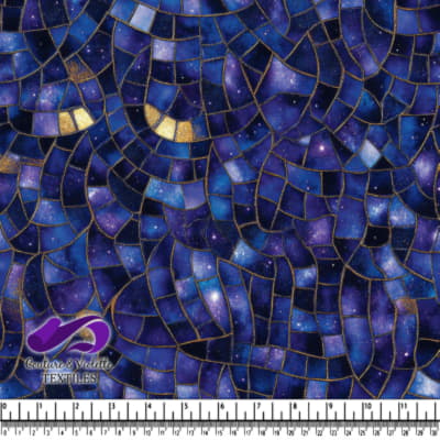 Abstract cosmic galaxy mosaic pattern in deep blue and gold tones