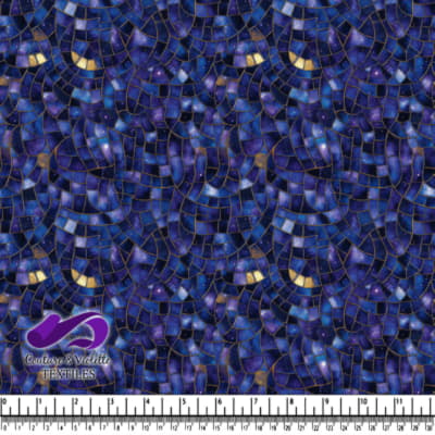 Abstract cosmic galaxy mosaic pattern in deep blue and gold tones