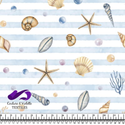 Seashells starfish and pearls on light blue and white striped fabric pattern