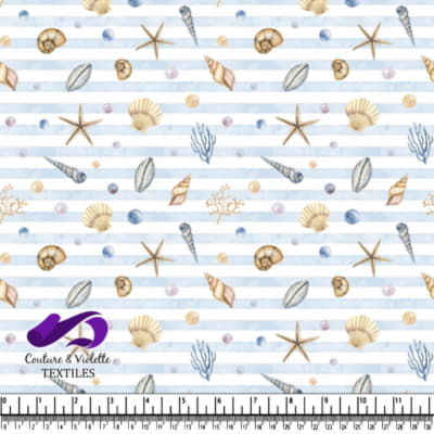 Seashells starfish and pearls on light blue and white striped fabric pattern