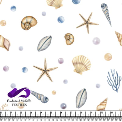 Seashells starfish and coral pattern on white background with colored bubbles