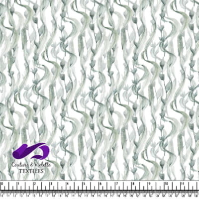 Vertical green seaweed strands on white background