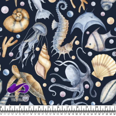 Sea creatures seashells and pearls on dark background