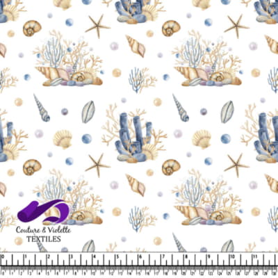 Seashells coral starfish and ocean pebbles on white background