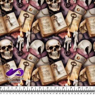 Vintage skulls keys open books and melting candles