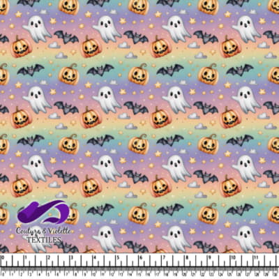 Ghosts pumpkins bats stars and clouds on a pastel rainbow background