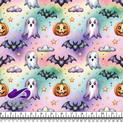 Ghosts bats pumpkins and stars pattern on pastel background