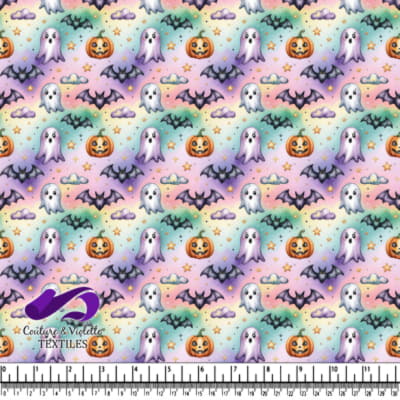Ghosts bats pumpkins and stars pattern on pastel background