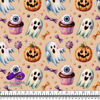 Ghosts jack o lanterns cupcakes and candies on beige background
