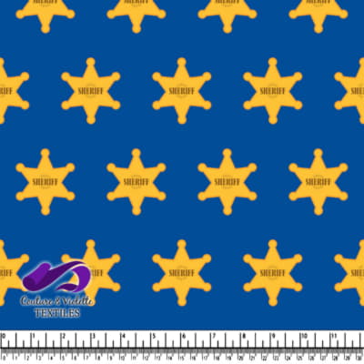 Sheriff badges on blue background fabric pattern