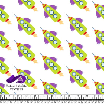 Colorful cartoon rockets with flames on white background