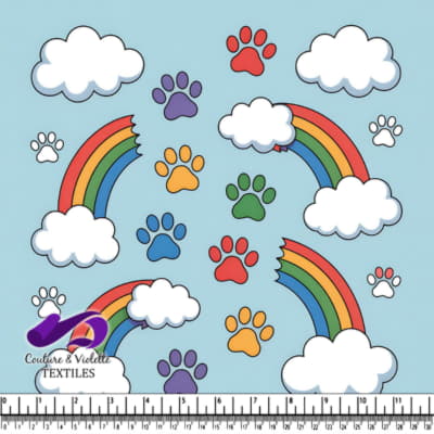 Colorful paw prints and rainbows with clouds pattern on blue background