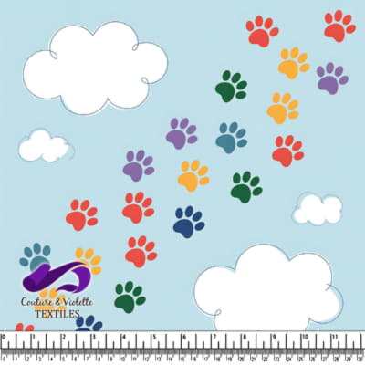 Colorful paw prints pattern on light blue background