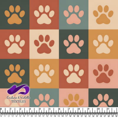 Pattern of colorful paw prints on a checkered background