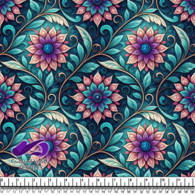 Intricate Floral Pattern with Blue and Pink Leaves and Swirls