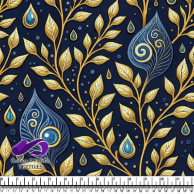 Golden Leaves and Blue Water Droplets Pattern