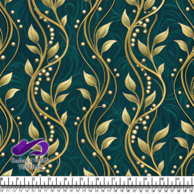 Golden Leaves and Pearls on Dark Teal Background Pattern